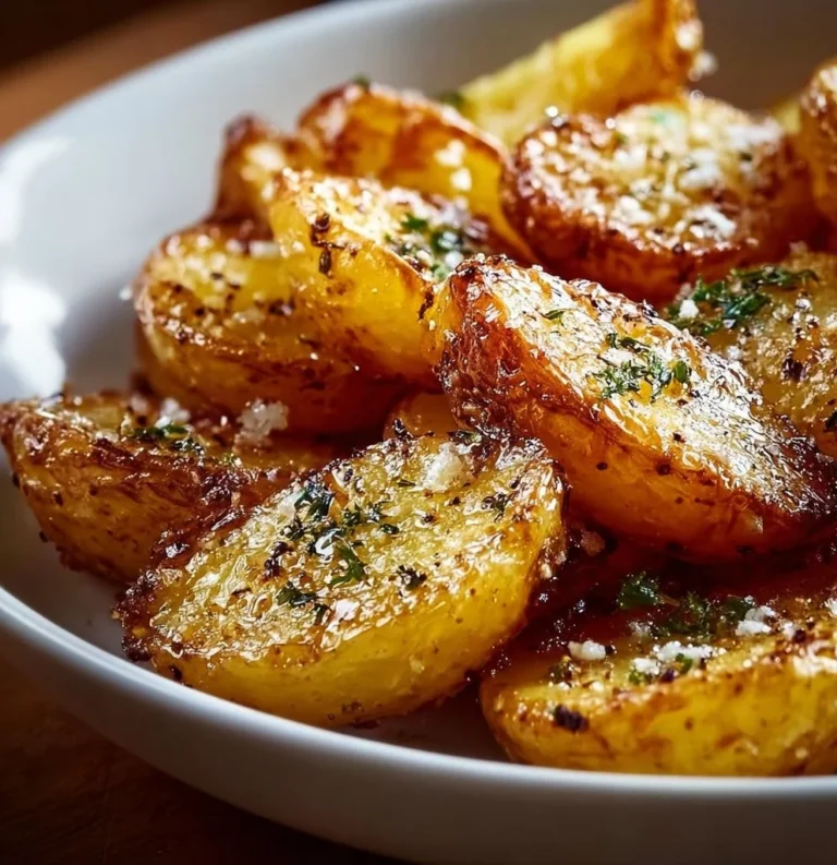 Plate of authentic Greek potatoes with crispy lemon topping