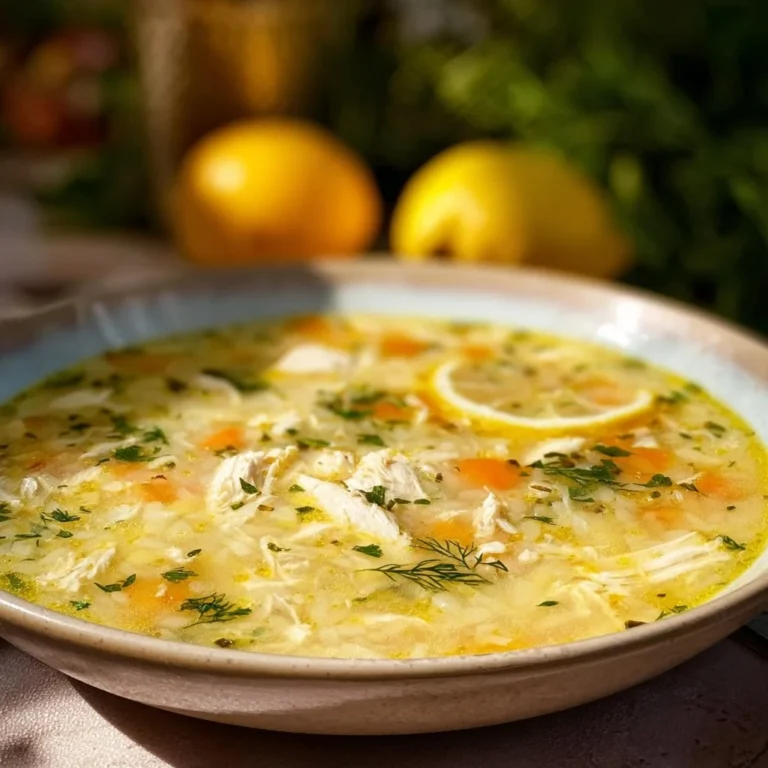Bowl of Avgolemono Greek lemon chicken soup garnished with herbs