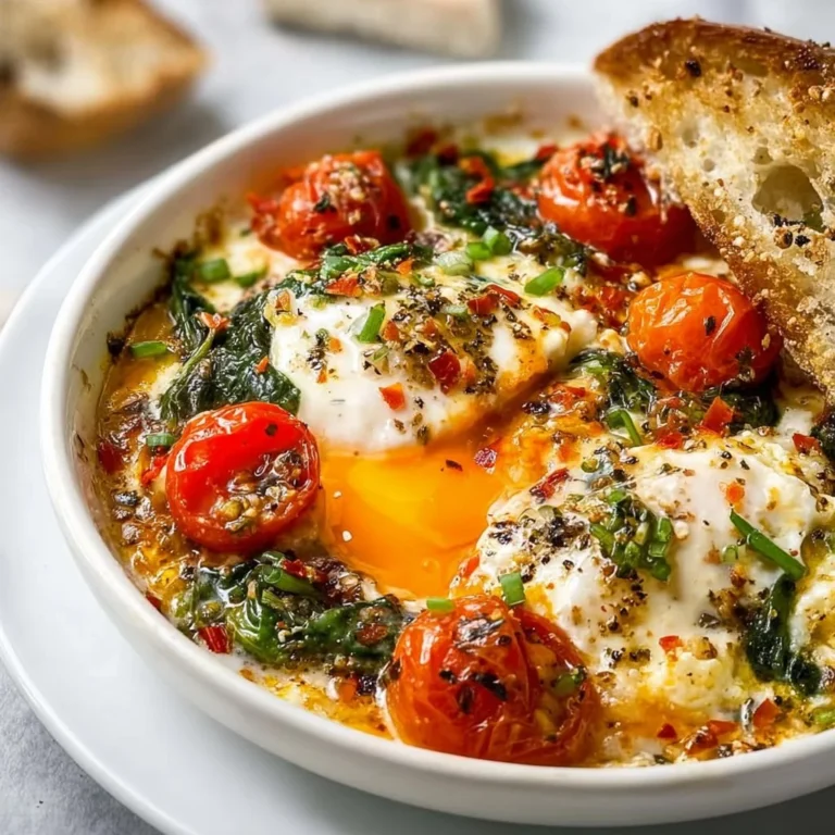 Baked feta eggs with tomatoes and spinach served in a stylish dish