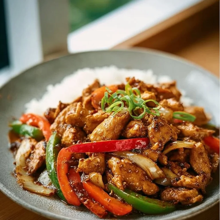 Delicious plate of black pepper chicken garnished with herbs