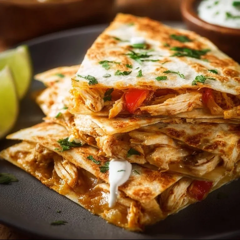 Delicious crispy chicken quesadillas on a plate with melted cheese and herbs.