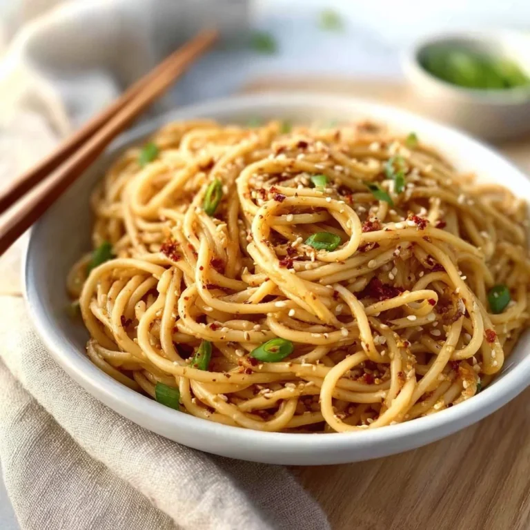 Plate of Garlic Sesame Noodles garnished with sesame seeds and green onions