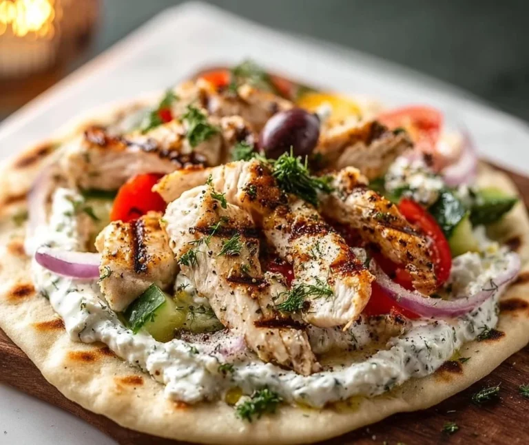 Greek Chicken Flatbread topped with fresh vegetables and tzatziki sauce