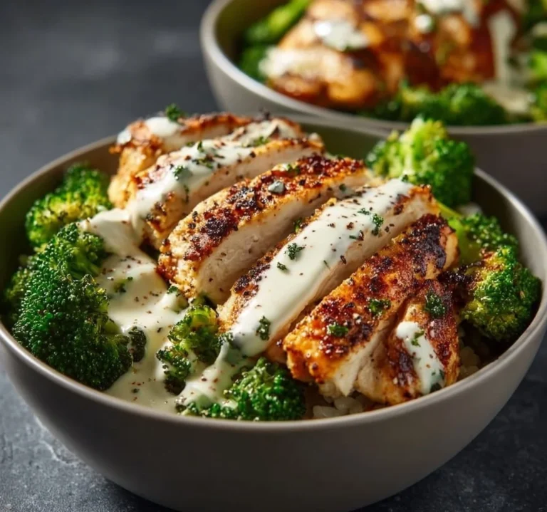 Healthy grilled chicken broccoli bowl with creamy garlic sauce