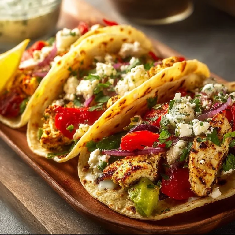 Healthy Mediterranean chicken tacos garnished with fresh vegetables and herbs.