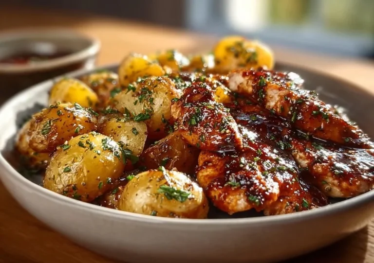 Delicious honey BBQ chicken potatoes served on a plate.