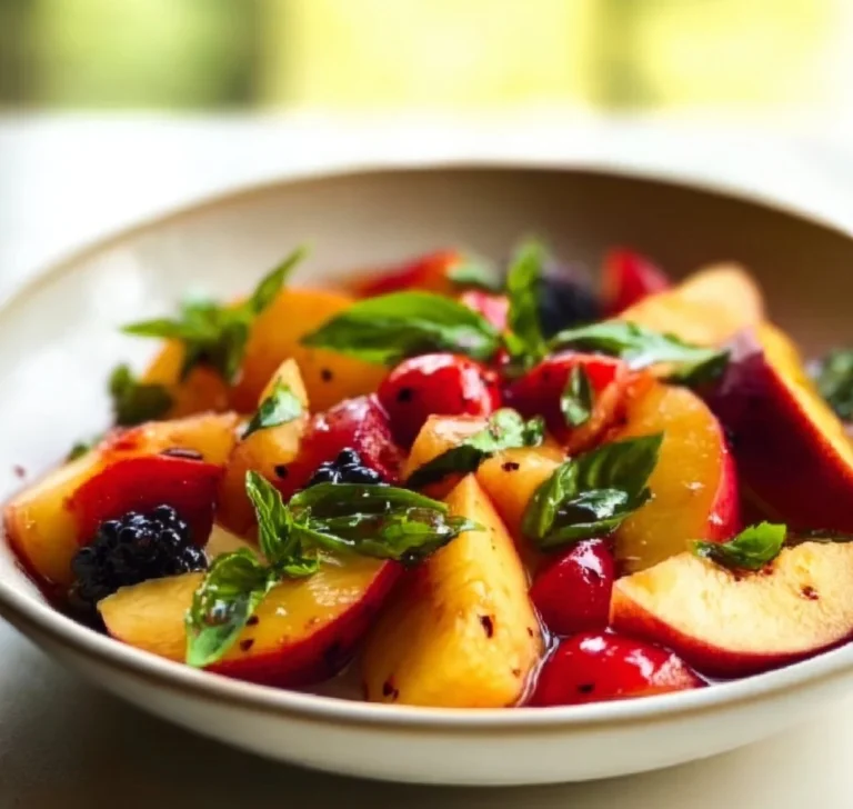 Honey Lime Basil Peach Fruit Salad with vibrant peaches, lime, and basil