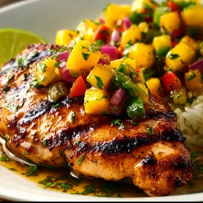 Grilled Honey Lime Chicken topped with fresh Mango Salsa on a white plate