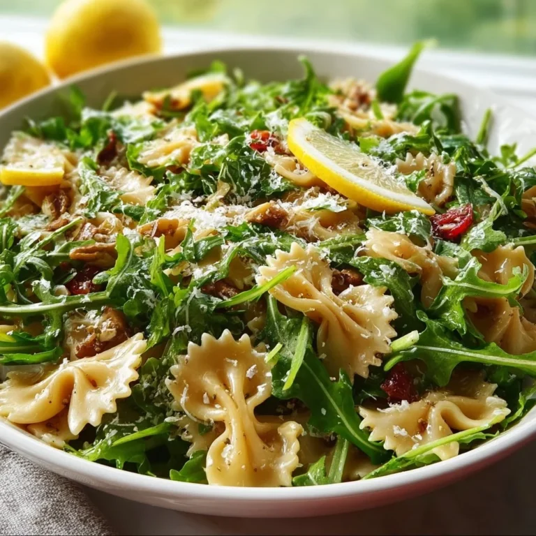Delicious Lemon Arugula Pasta Salad garnished with fresh ingredients
