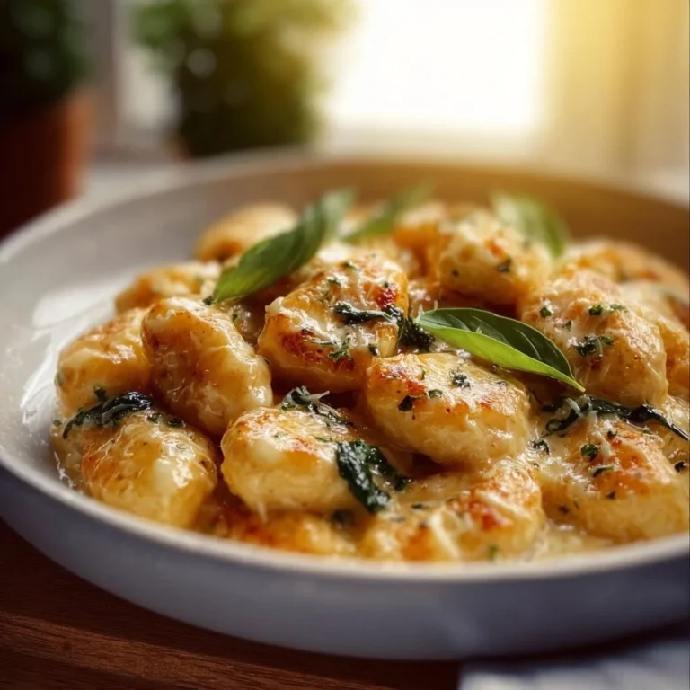 Bowl of lemon chicken gnocchi with fresh herbs and lemon slices