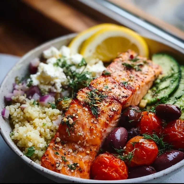 Mediterranean Salmon Bowl with fresh vegetables and grains