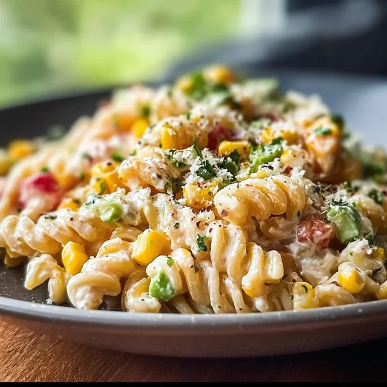 Delicious Mexican street corn pasta salad with vibrant ingredients and flavors.