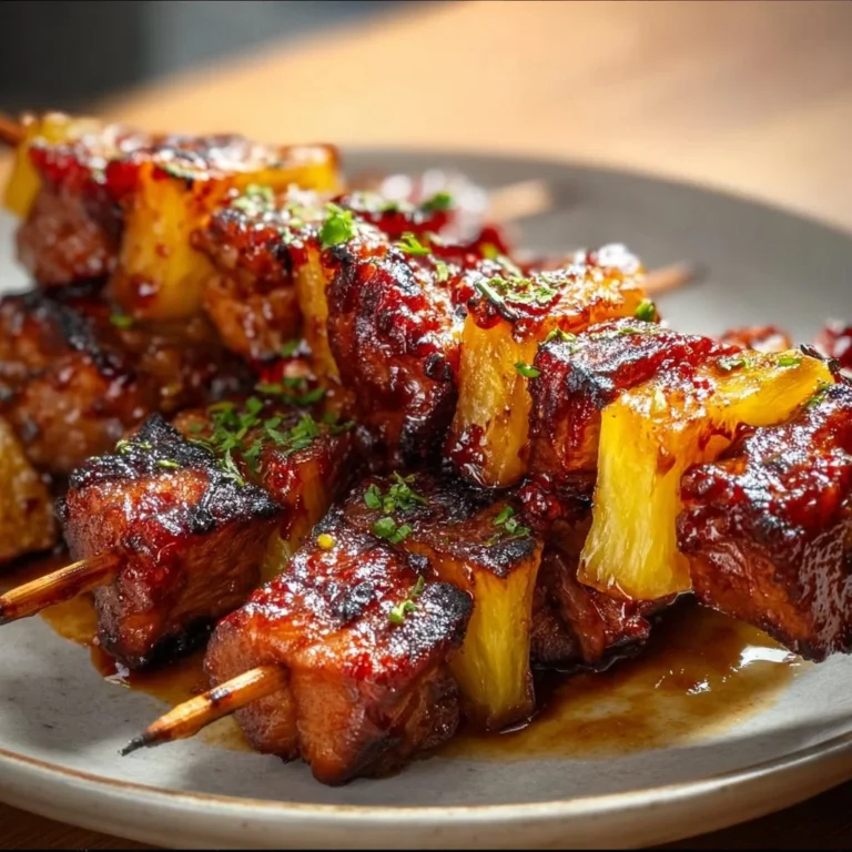 Grilled pineapple BBQ pork skewers on a platter, ready to eat