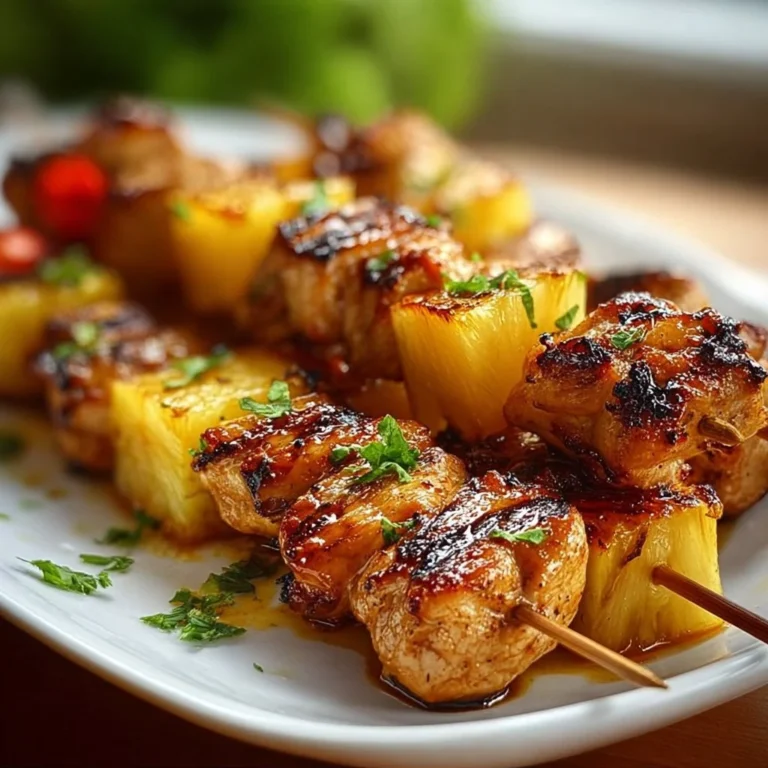 Grilled pineapple chicken kabobs with colorful vegetables