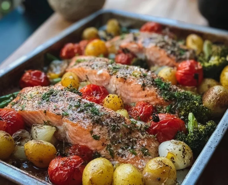 Sheet pan salmon with colorful vegetables ready to serve.