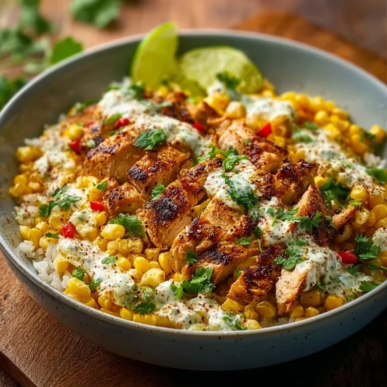 Delicious Street Corn Chicken Rice Bowl with chicken and vibrant corn toppings.