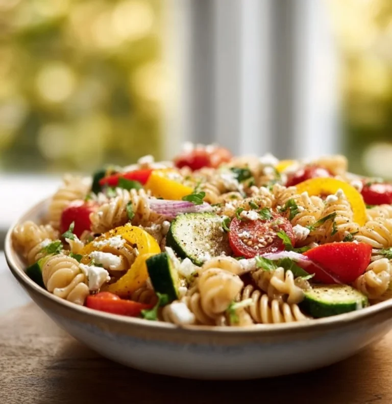 Delicious summer pasta salad with colorful vegetables and dressing
