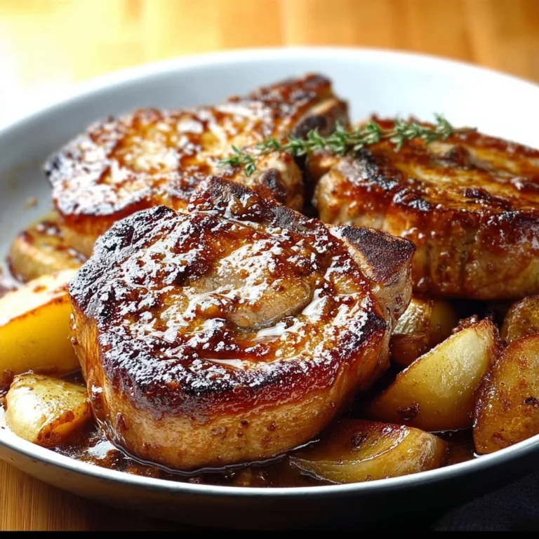 Delicious tender apple butter pork chops served with fresh herbs.