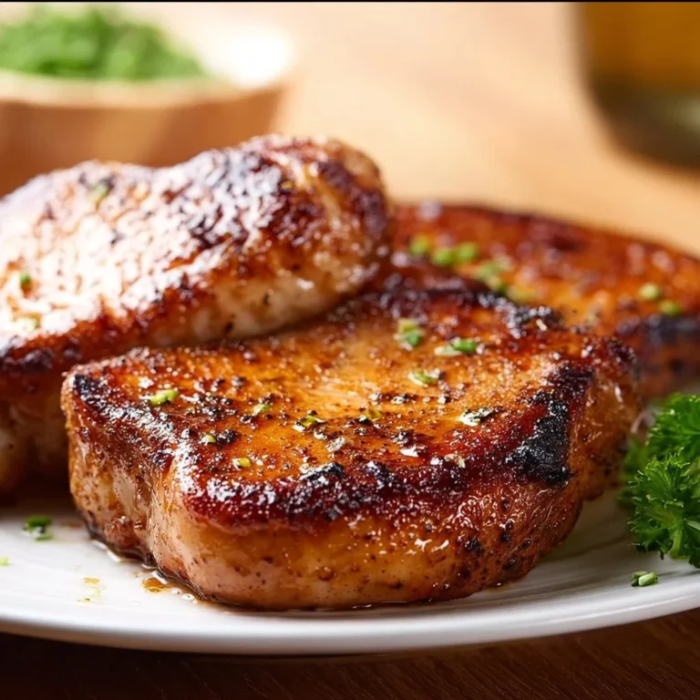 Air fryer juicy boneless pork chops served on a plate