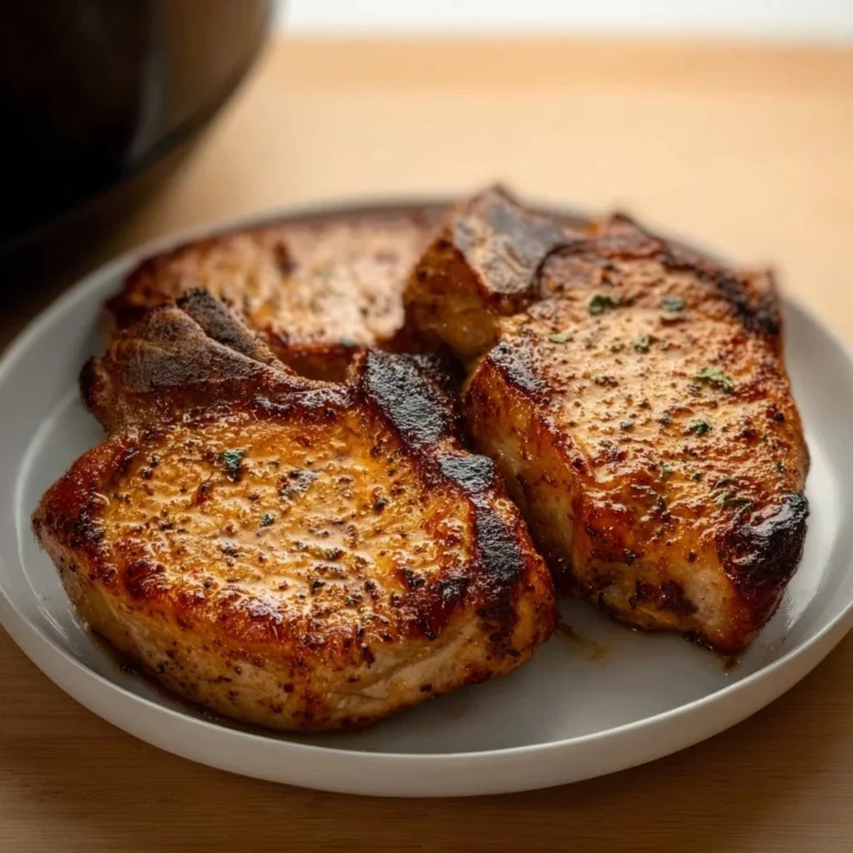 Air fryer pork chops served with vegetables on a plate