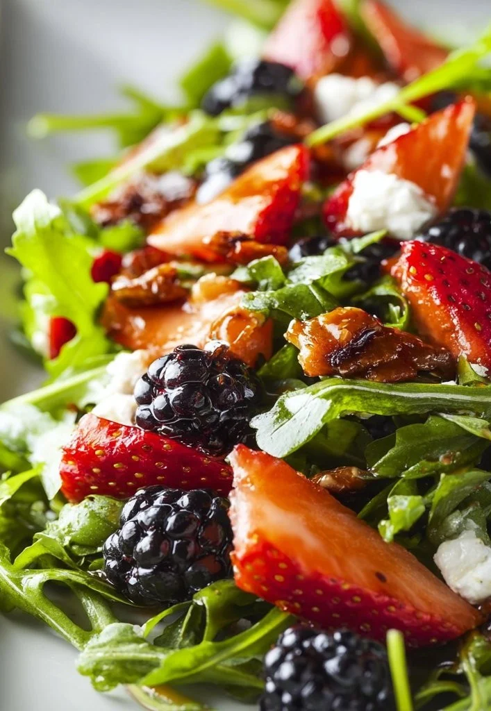 Fresh arugula berry salad with vibrant mixed berries and dressing