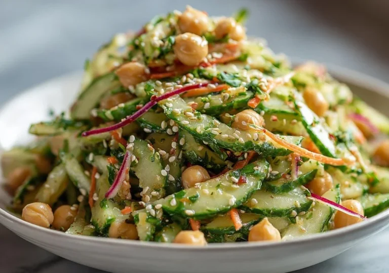 Asian Cucumber Chickpea Slaw with sesame dressing in a bowl.