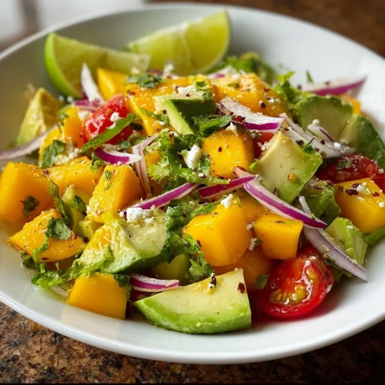 Avocado Mango Salad drizzled with zesty lime dressing in a vibrant bowl.