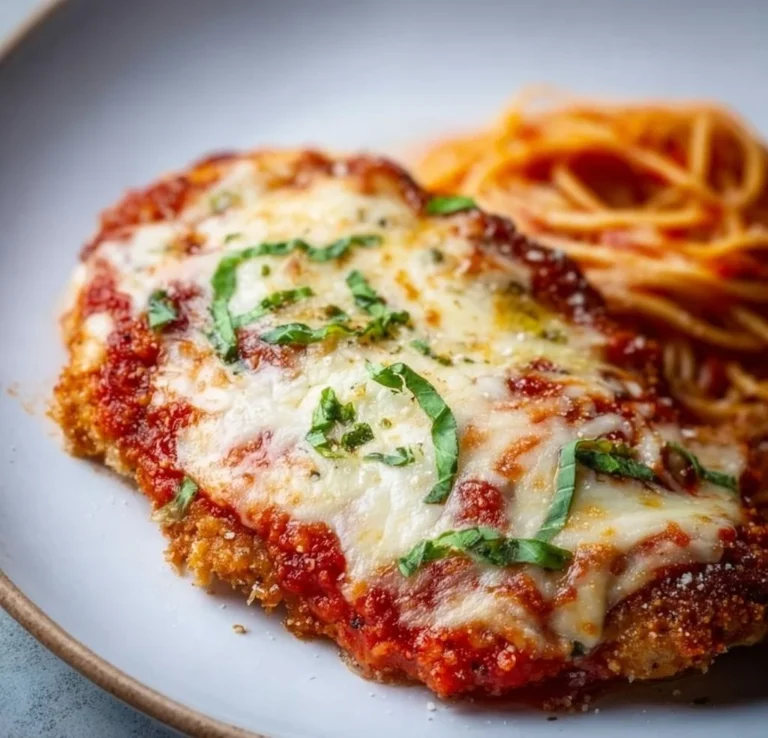 Baked chicken parmesan served with marinara and melted cheese