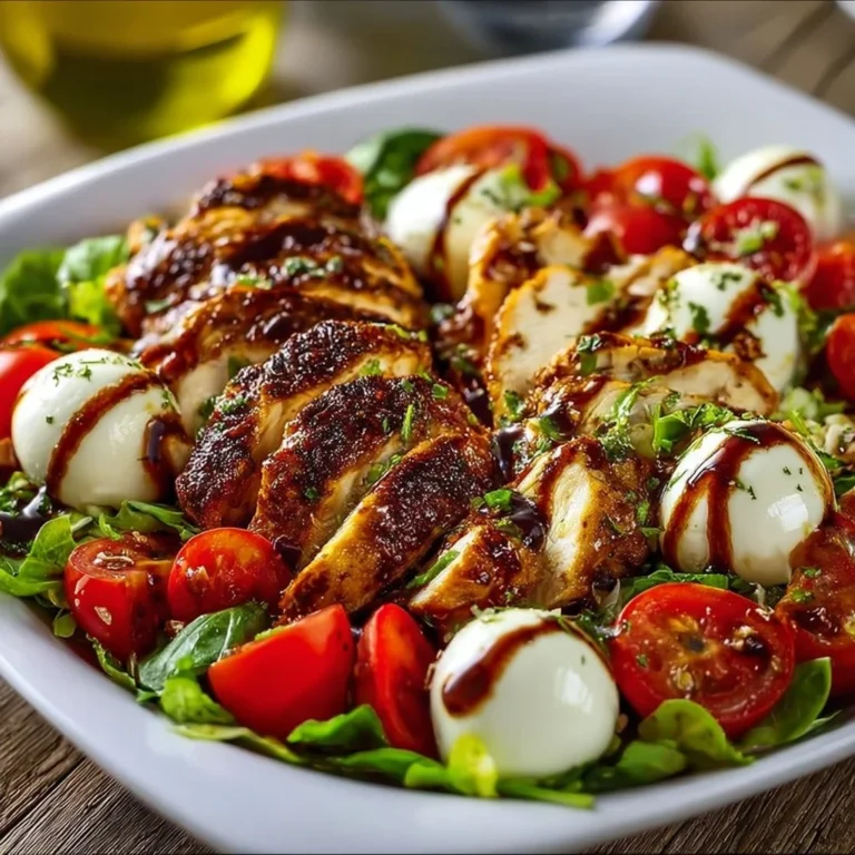 Baked marinated chicken salad with mozzarella and balsamic vinaigrette served in a bowl.