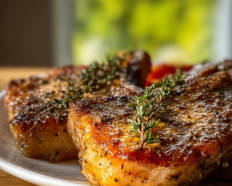 Delicious baked pork chops served with herbs and spices