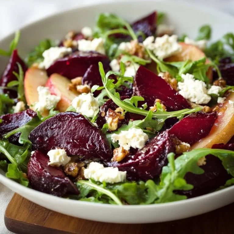 Beet and goat cheese arugula salad served in a bowl with fresh herbs