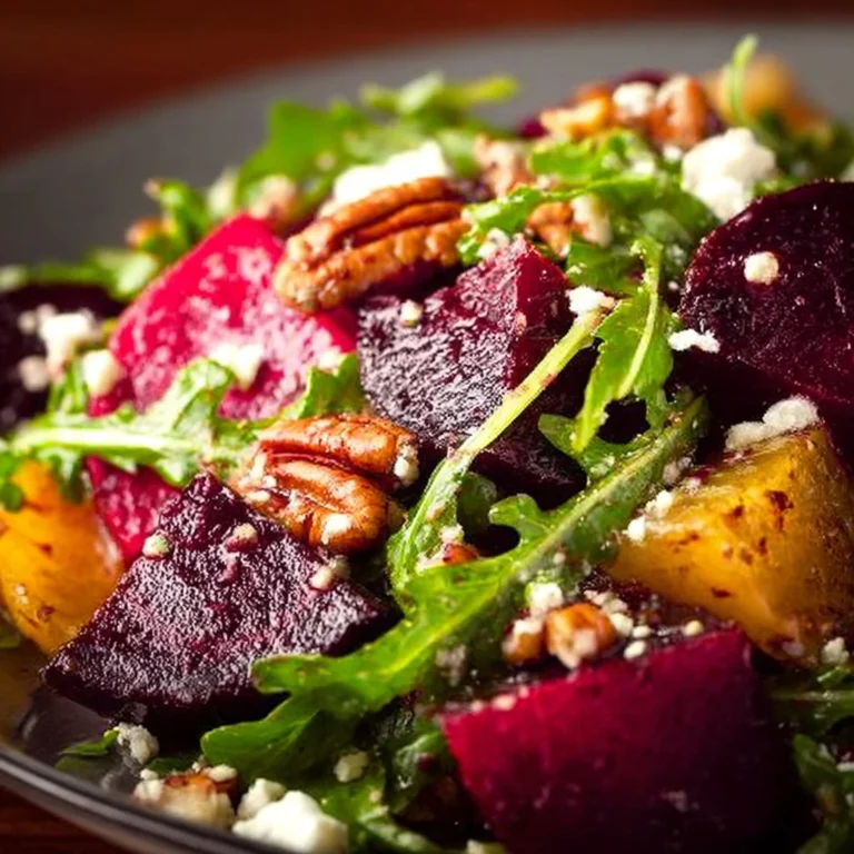 Beet salad with arugula and balsamic dressing served in a colorful bowl