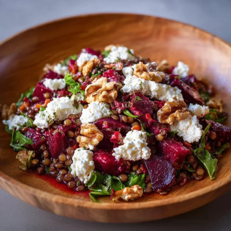 Beetroot lentil salad with goat cheese and walnuts in a bowl