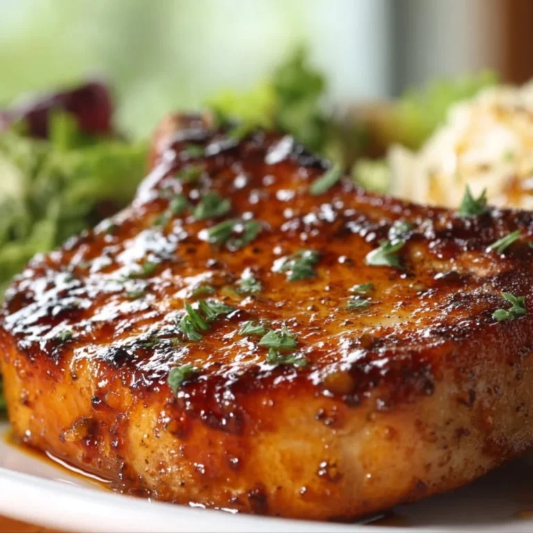 Baked brown sugar pork chops on a plate, garnished with herbs.