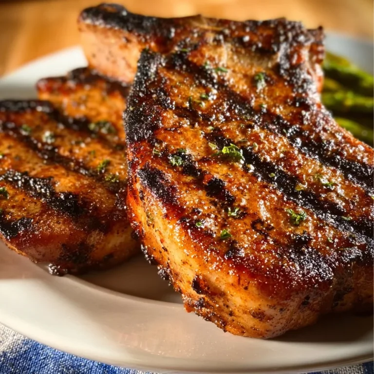Juicy grilled pork chops served with herbs and spices on a rustic plate