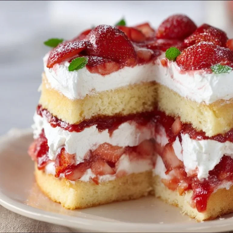 Delicious strawberry shortcake cake with fresh strawberries and whipped cream