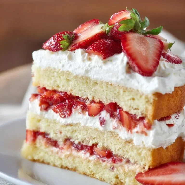 Delicious strawberry shortcake cake topped with fresh strawberries and cream