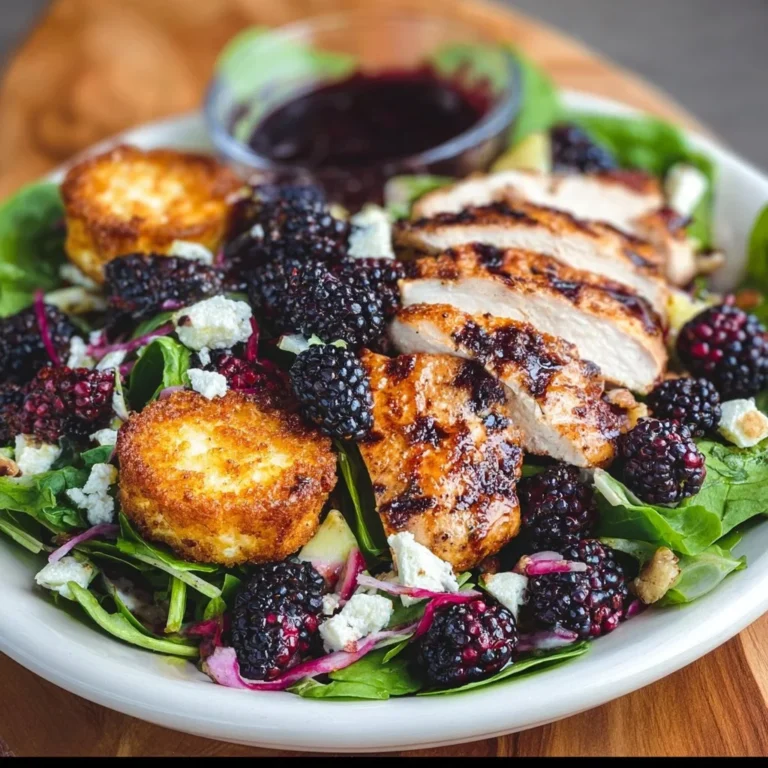 Blackberry Balsamic Grilled Chicken Salad with crispy fried goat cheese
