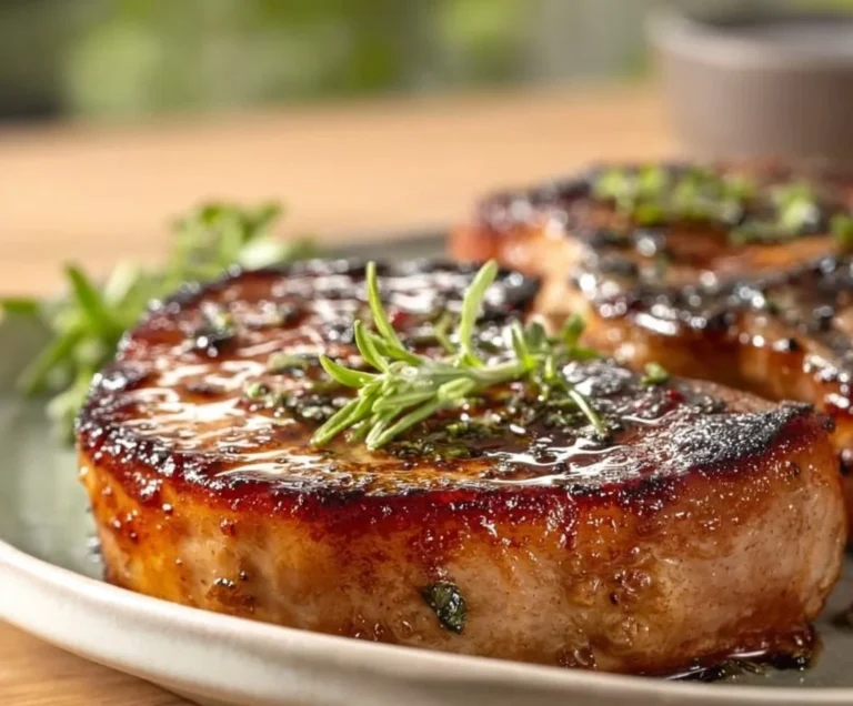 Grilled Blackstone pork chops on a plate with seasoning
