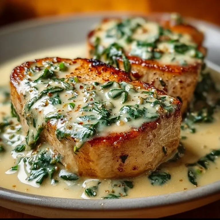 Boneless pork chops cooked in a rich creamy garlic spinach sauce.