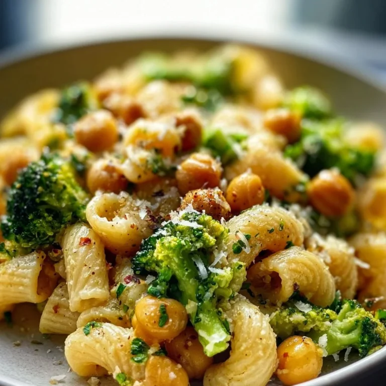 Broccoli Chickpea Pasta drizzled with Garlic Olive Oil in a bowl