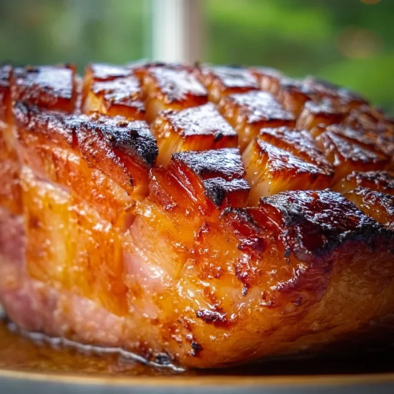 Brown sugar glazed pineapple ham bake ready to serve at a festive dinner