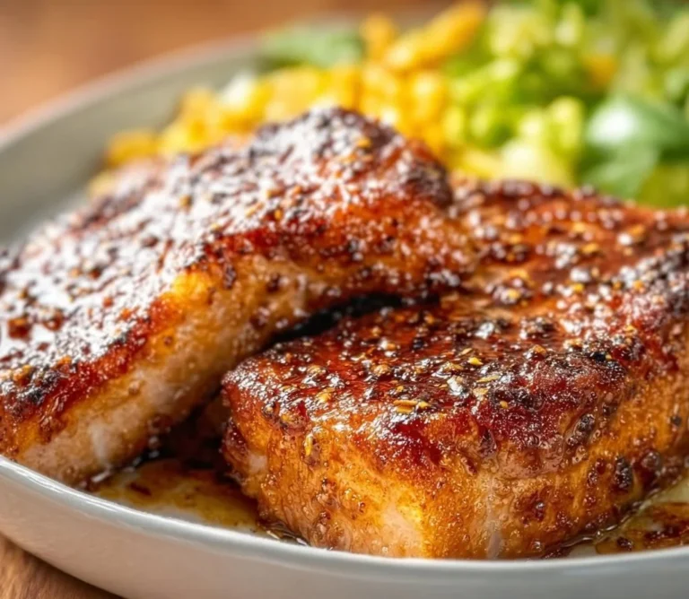 Delicious brown sugar pork chops served on a plate with garnish