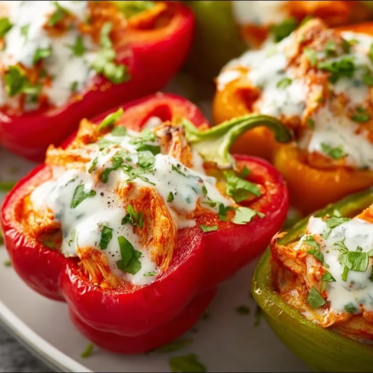Buffalo chicken stuffed bell peppers served on a plate