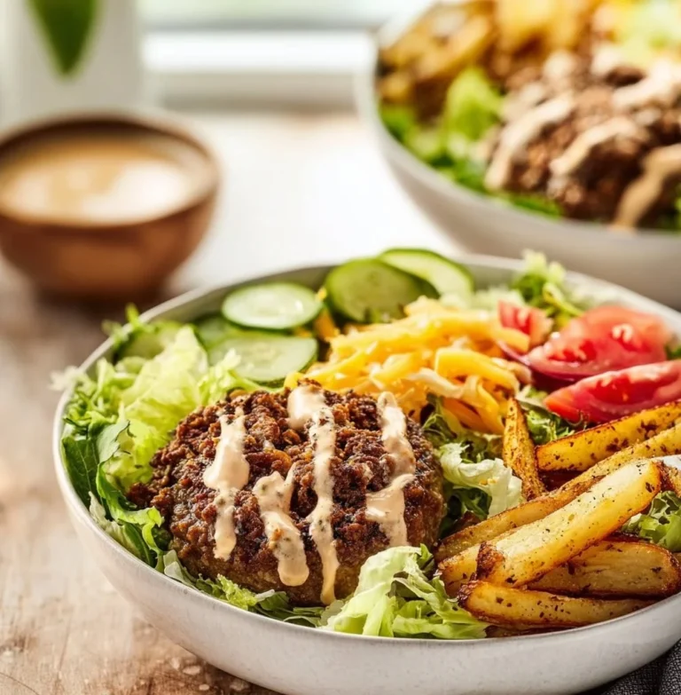 A delicious burger bowl topped with fresh ingredients and vibrant colors.