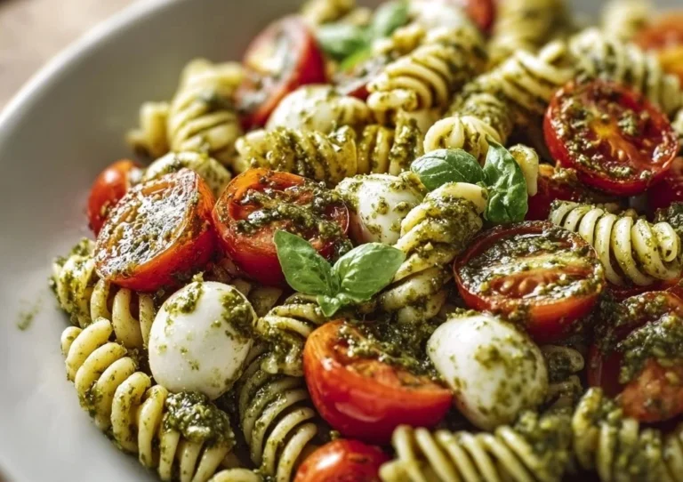 Delicious Caprese Pesto Pasta Salad with fresh basil, tomatoes, and mozzarella