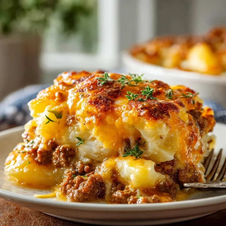 Cheesy hamburger potato casserole served in a baking dish with melted cheese on top.