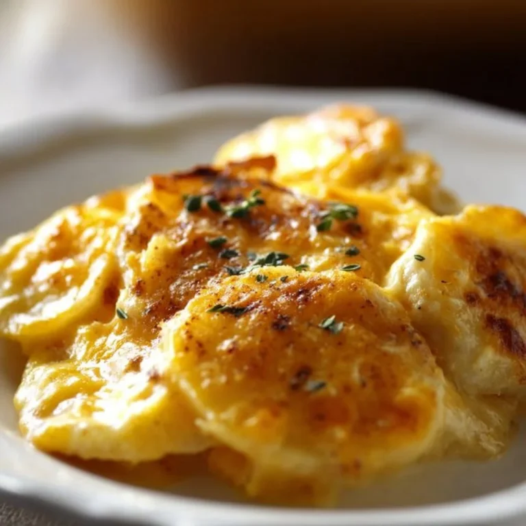 Baked cheesy scalloped potatoes with golden, bubbling cheese topping