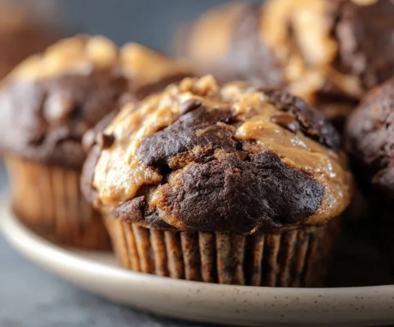 Chocolate peanut butter banana muffins on a wooden table, freshly baked and delicious.