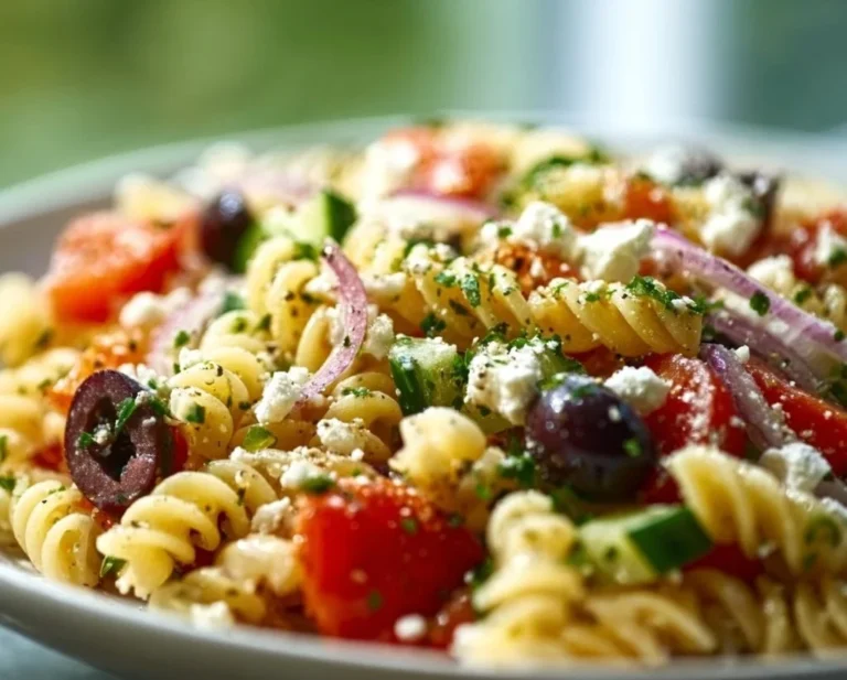 Chopped Greek Pasta Salad with fresh vegetables and feta cheese in a bowl